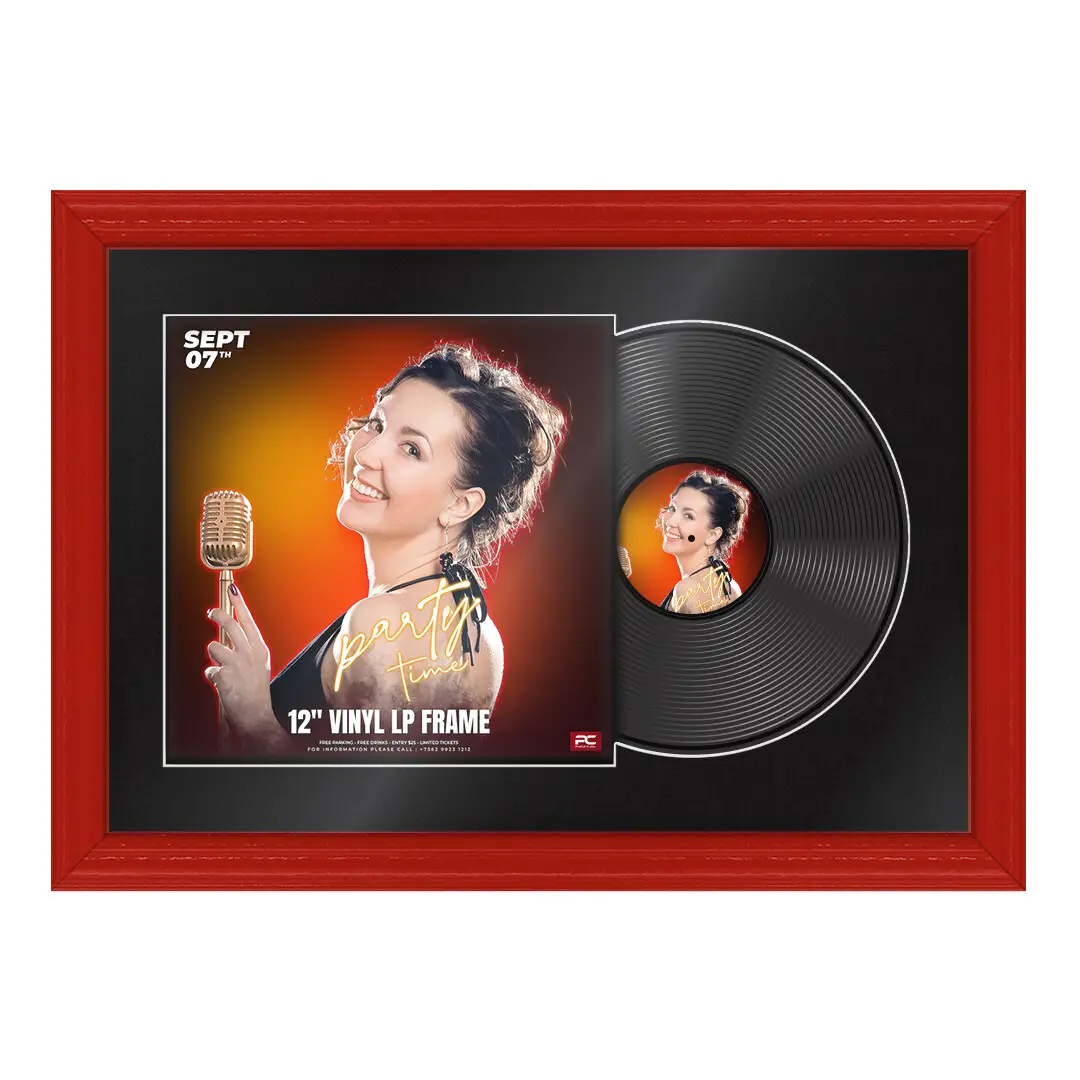 25x17" Classic Vinyl Record Frame For LP Cover & Disc With Poppy Red Mount | Overlapped Display