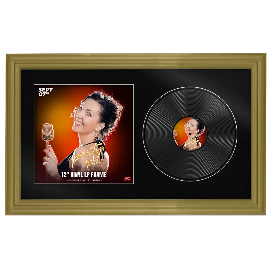 30x17" Classic Gold Vinyl Record Frame With Silver Mount | For 12" LP Cover and Disc Side By Side Display