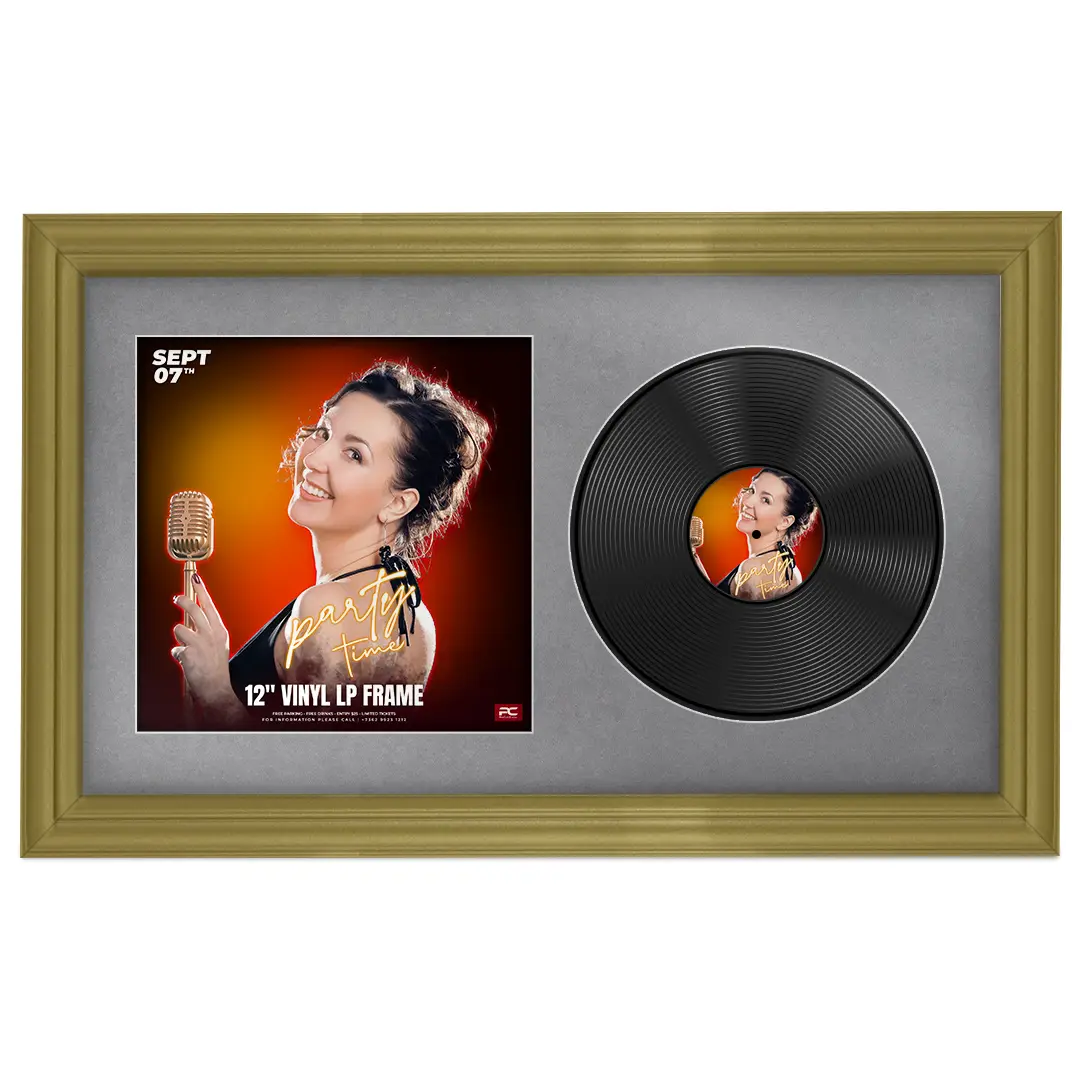 30x17" Classic Gold Vinyl Record Frame With Mid Grey Mount | For 12" LP Cover and Disc Side By Side Display