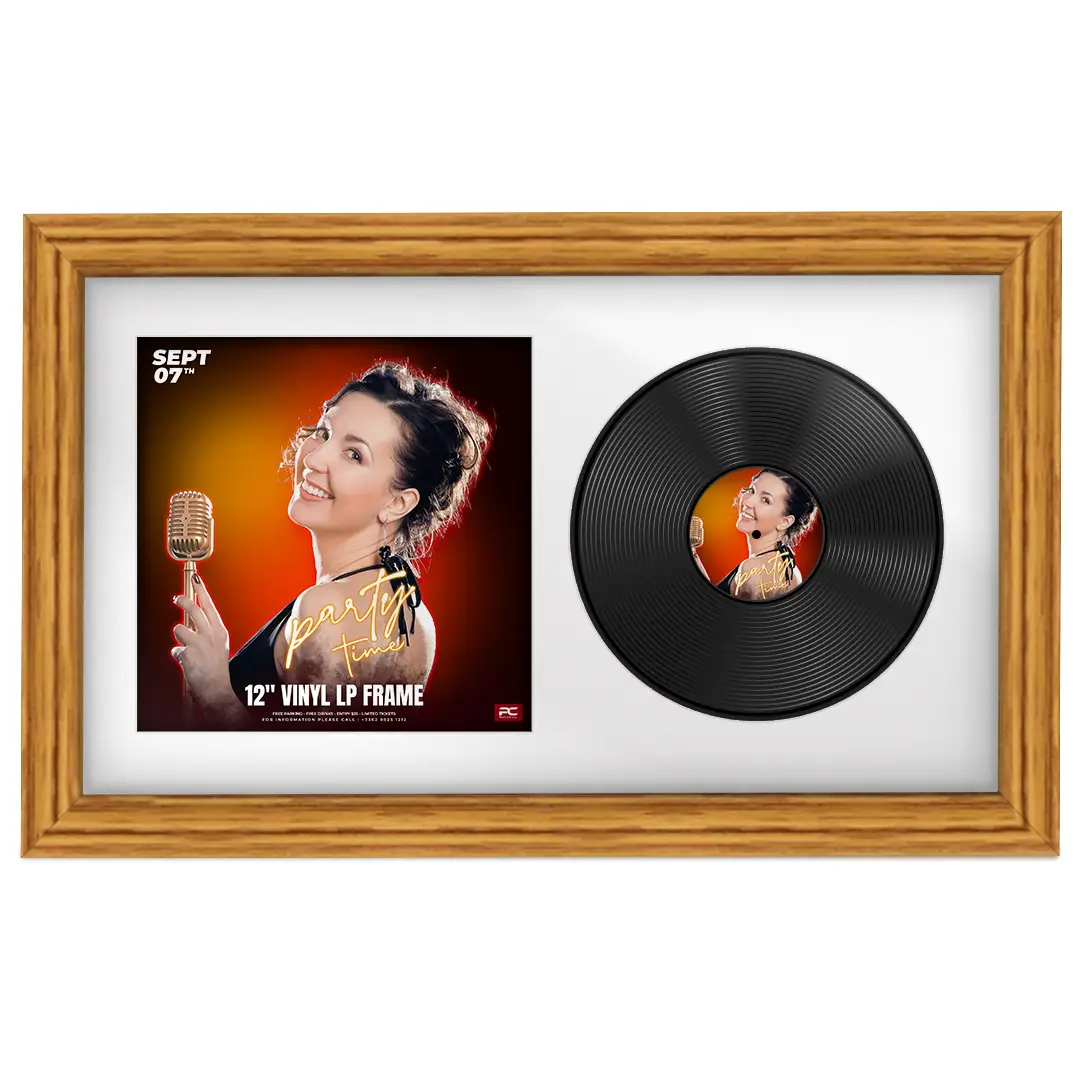 30x17" Classic Oak Vinyl Record Frame With Ice White Mount | Side by Side 12" LP Cover & Disc Display