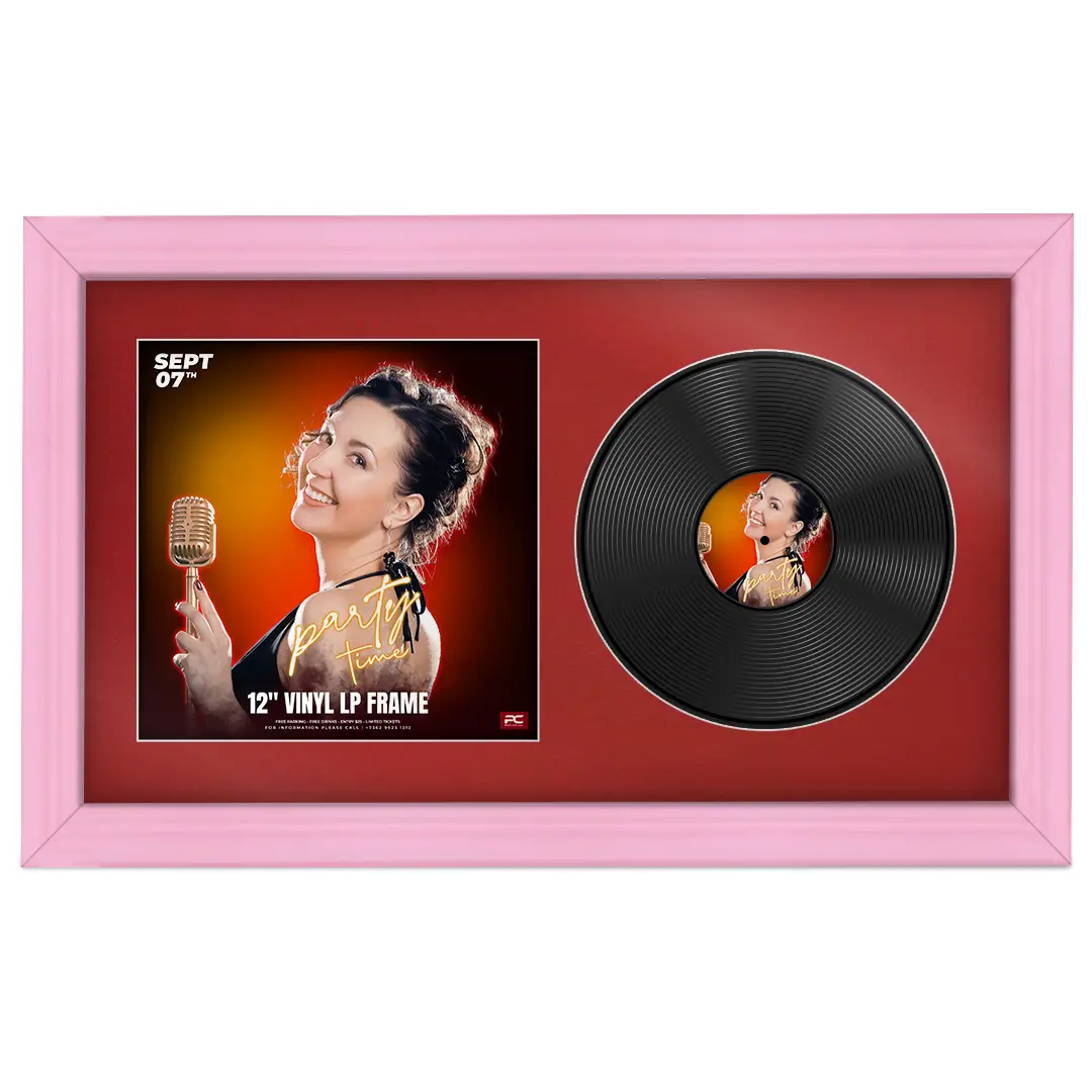 30x17" Classic Pastel Pink Vinyl Record Frame With Silver Mount | Displays 12" LP Cover & Disc Side by Side