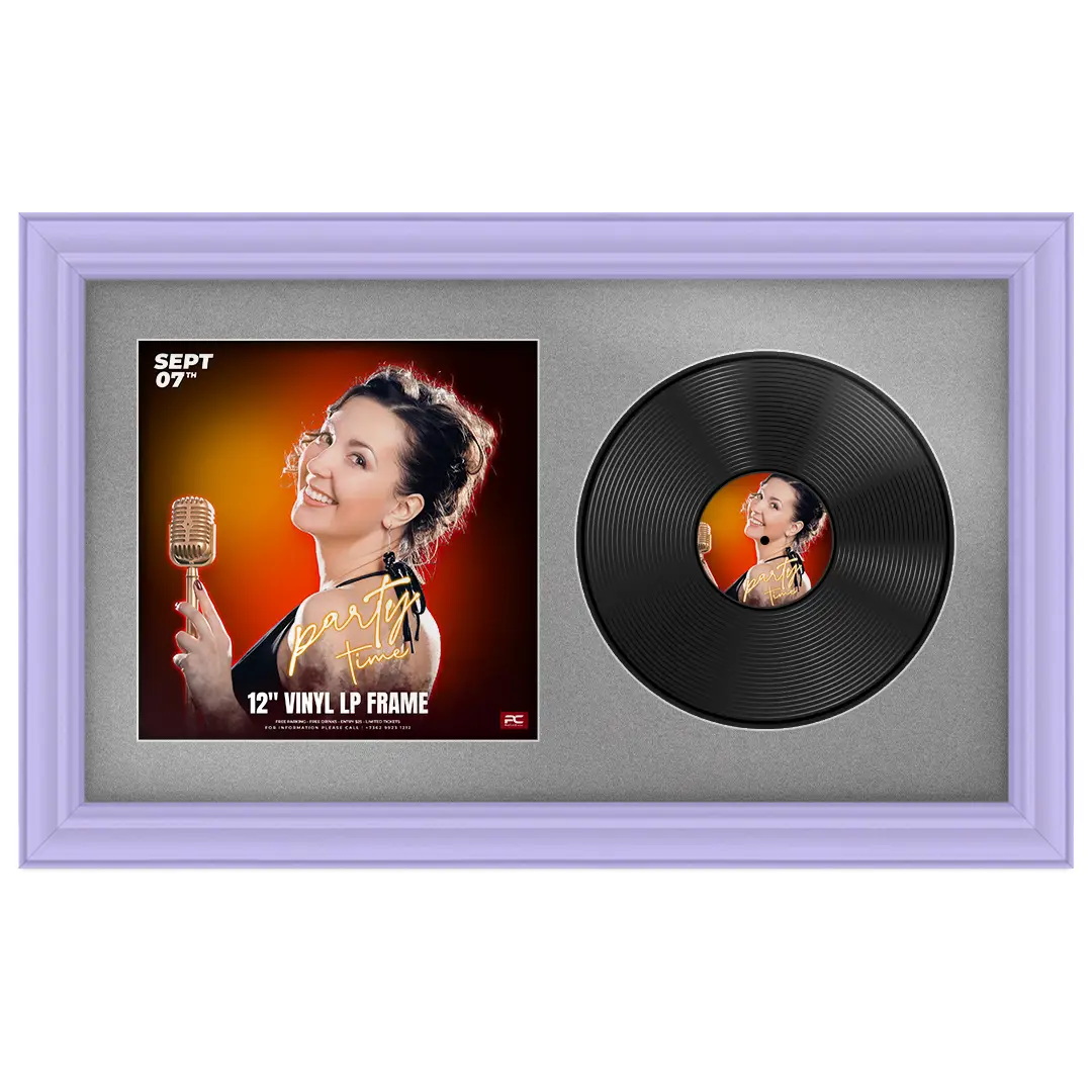 30x17" Classic Purple Vinyl Record Frame With Poppy Red Mount | Side by Side 12" LP Cover & Disc Display