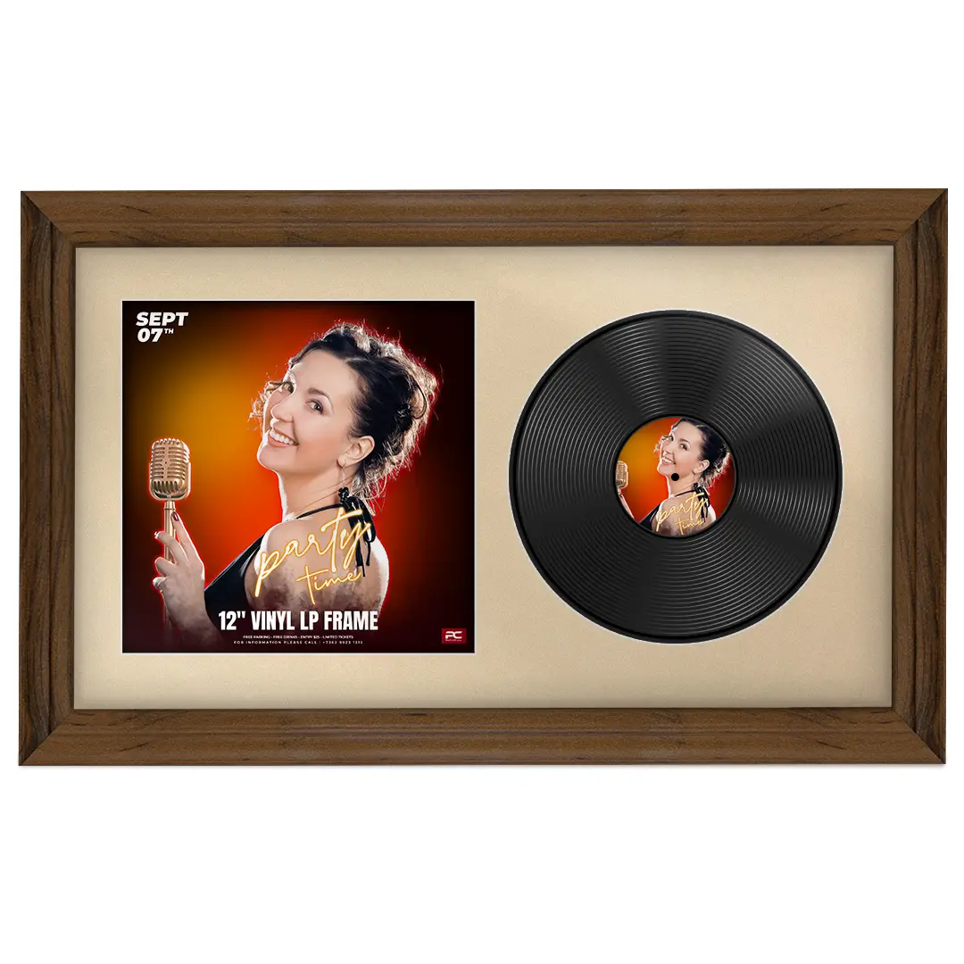 30x17" Classic Walnut Vinyl Record Frame With Silver Mount | For 12" LP Cover and Disc Side By Side Display