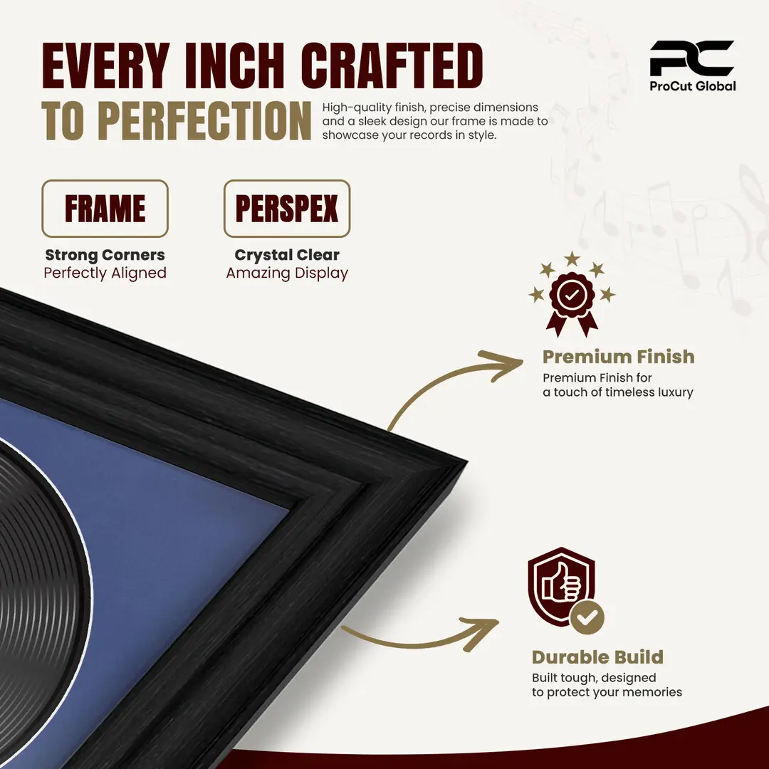 16x16" Classic Black Vinyl Record Frame With Blue Mount For 12" LP Discs | Contemporary Wall Display thumbnail 7