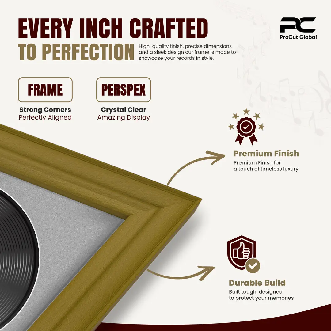 16x16" Classic Gold Vinyl Record Frame With Silver Mount For 12" LP Discs | Premium Wall Frame For Music Enthusiasts thumbnail 7