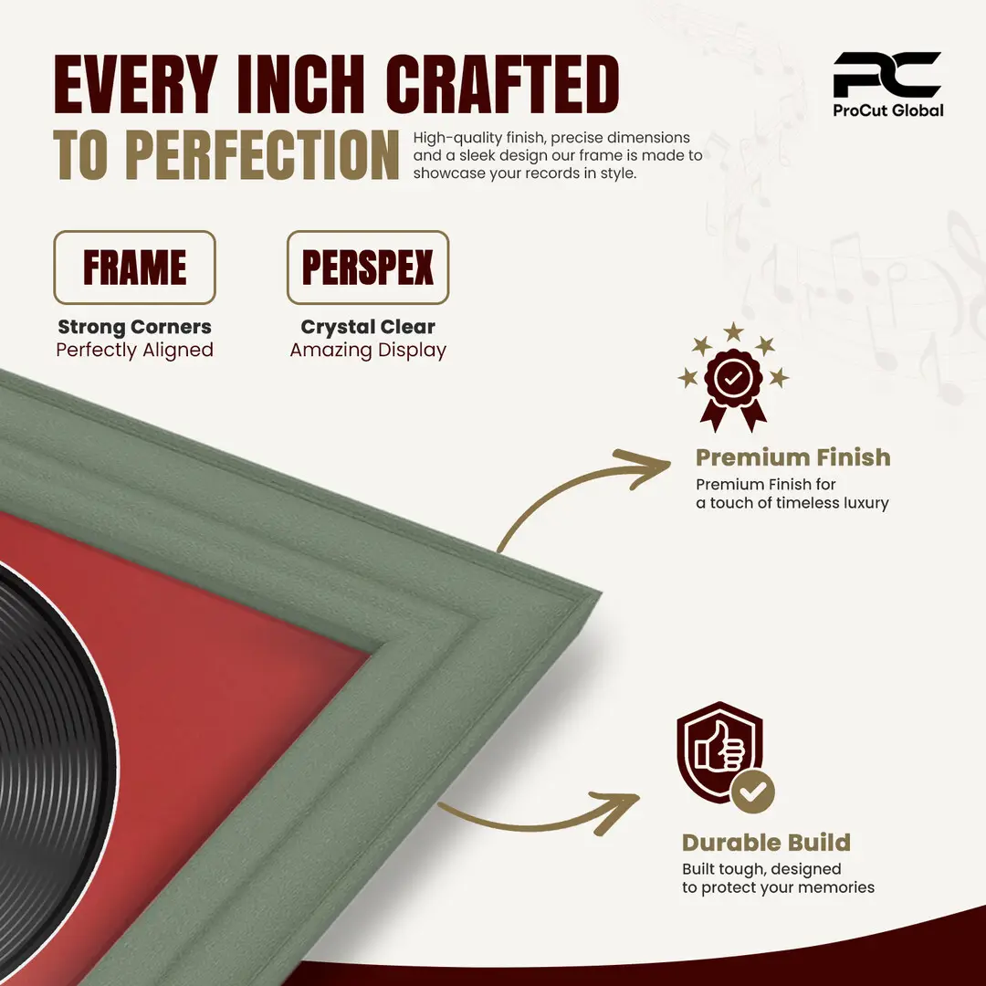 16x16" Classic Green Vinyl Record Frame With Crimson Mount For 12" LP Discs | Elegant Frame For Music Lovers thumbnail 7
