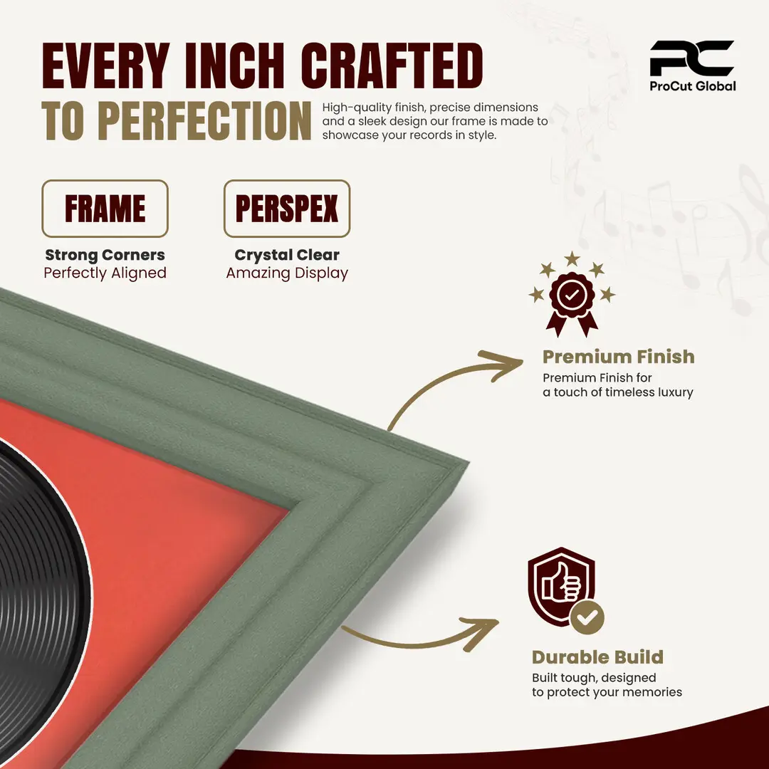16x16" Classic Green Vinyl Record Frame With Poppy Red Mount For 12" LP Discs | Premium Wall Frame For Music Enthusiasts thumbnail 7