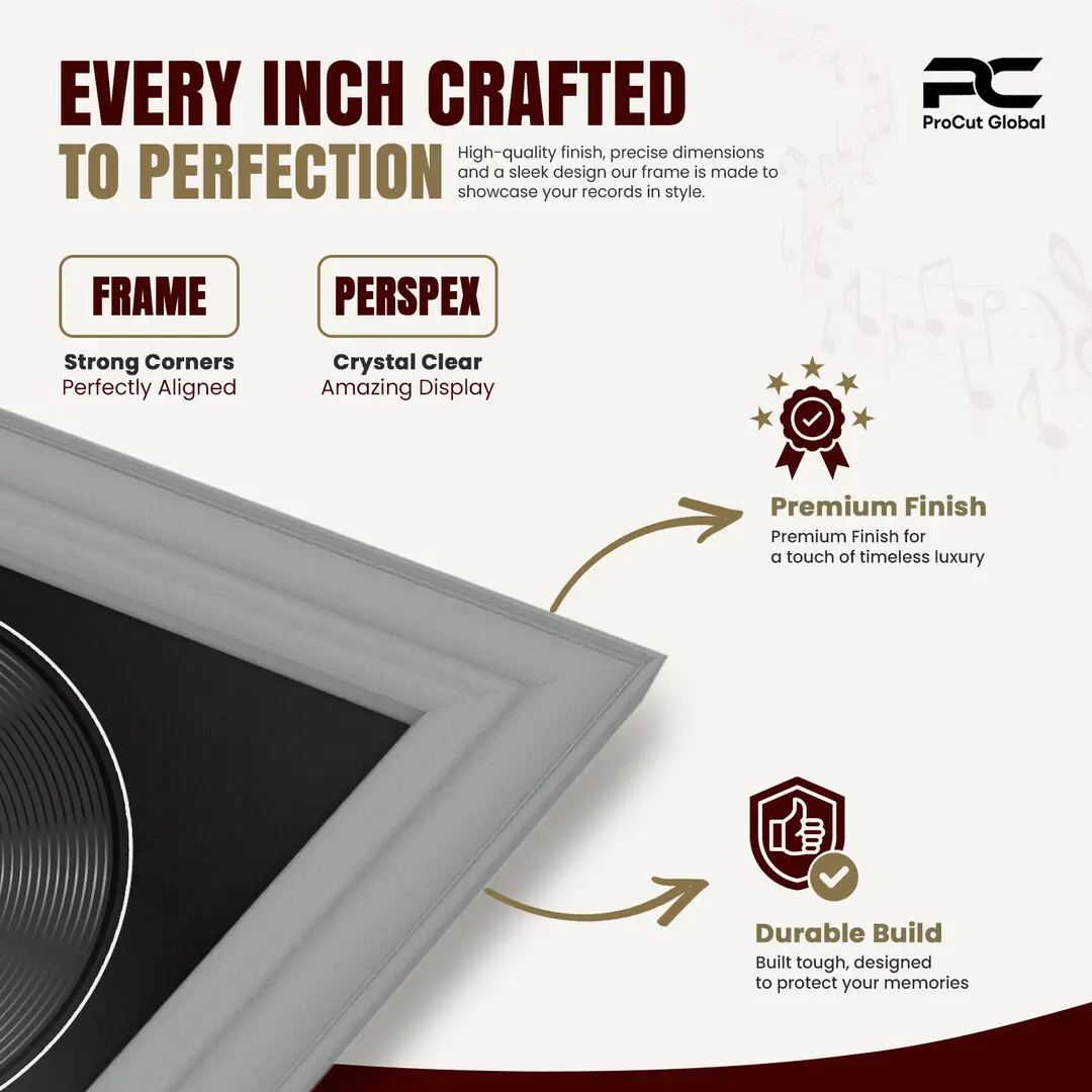 16x16" Classic Light Grey Vinyl Record Frame With Black Mount For 12" LP Discs | Contemporary Wall Display thumbnail 7