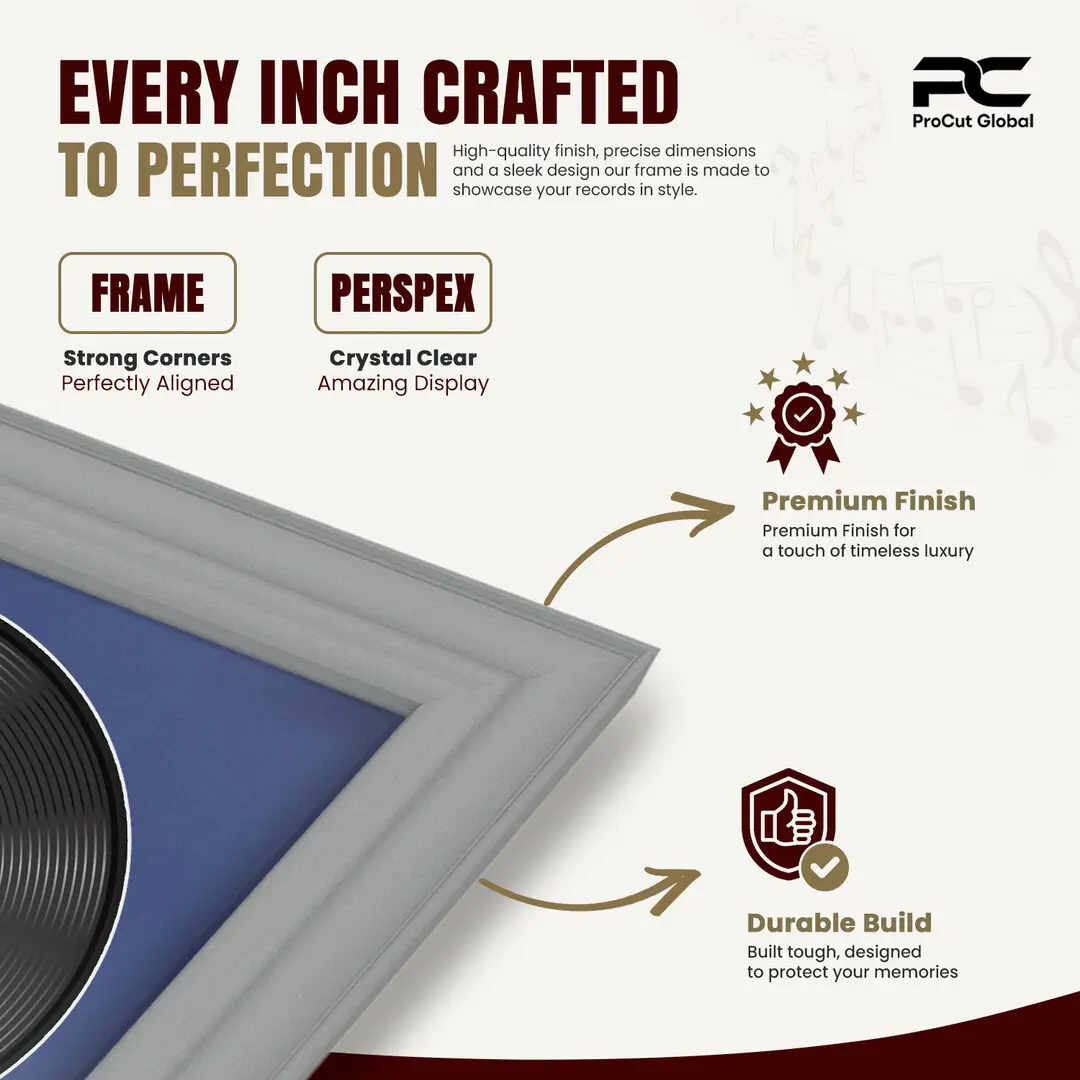 16x16" Classic Light Grey Vinyl Record Frame With Blue Mount For 12" LP Discs | Elegant Frame For Music Lovers thumbnail 7