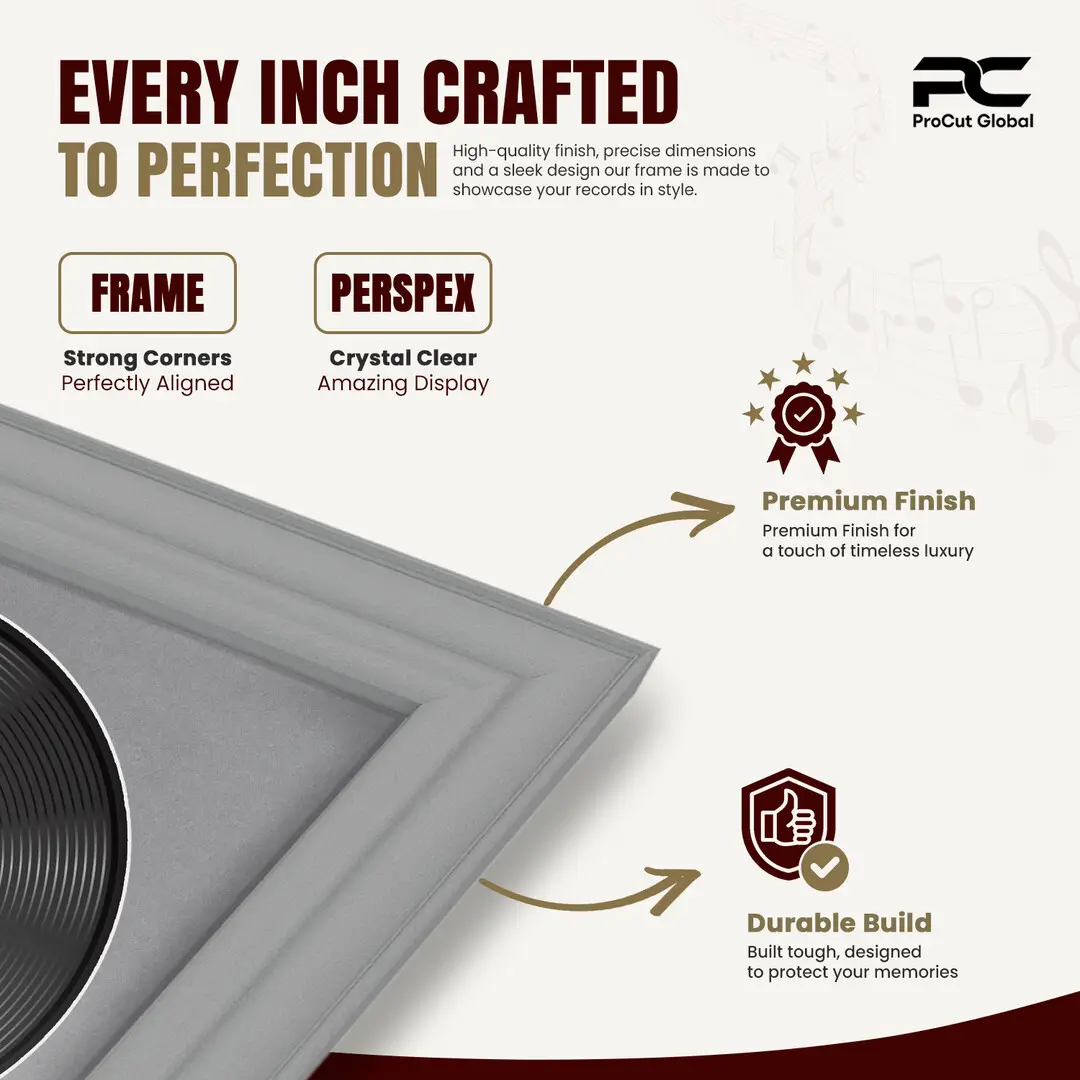 16x16" Classic Light Grey Vinyl Record Frame With Mid Grey Mount For 12" LP Discs | Contemporary Wall Display thumbnail 7