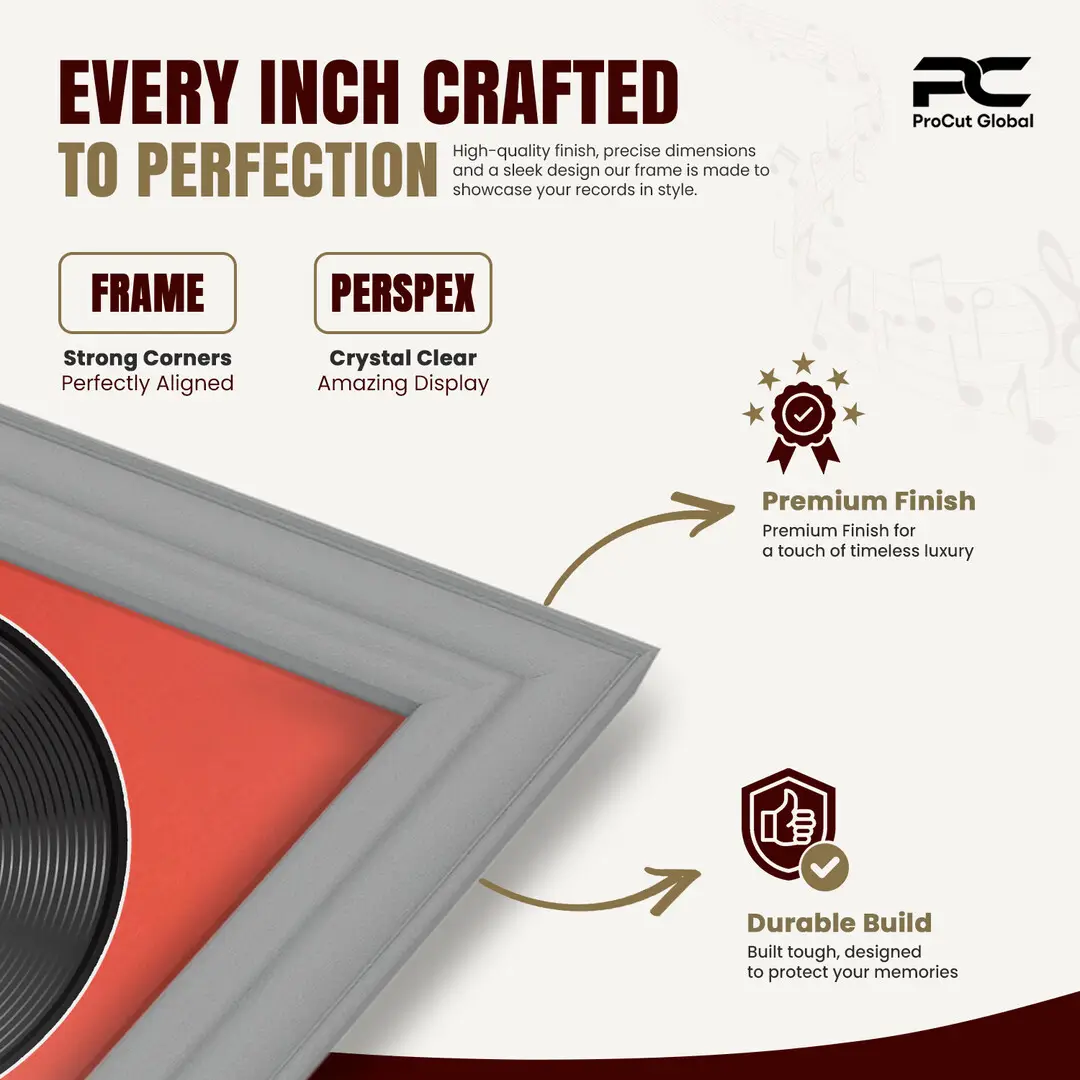 16x16" Classic Light Grey Vinyl Record Frame With Poppy Red Mount For 12" LP Discs | Contemporary Wall Display thumbnail 7