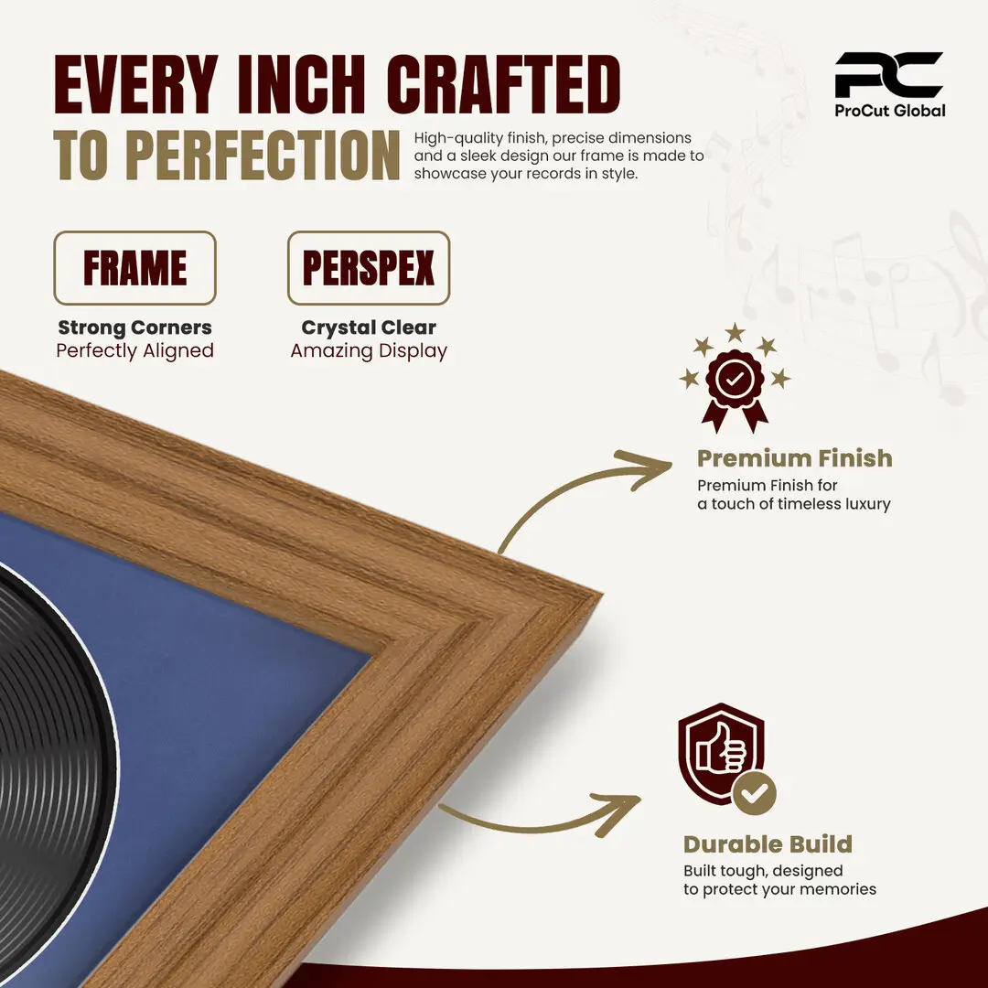 16x16" Classic Oak Vinyl Record Frame With Blue Mount For 12" LP Discs | Premium Wall Frame For Music Enthusiasts thumbnail 7