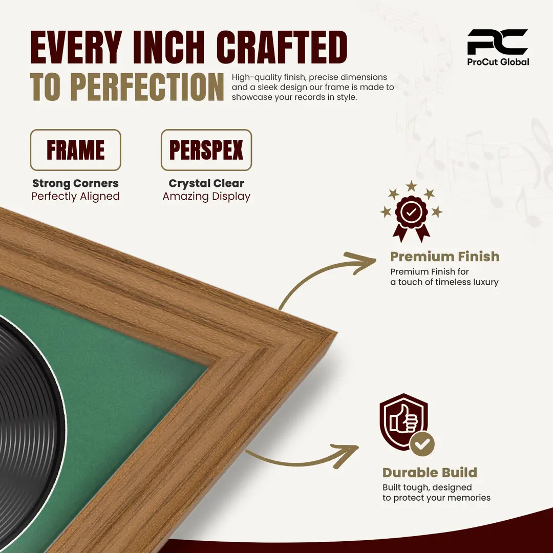 16x16" Classic Oak Vinyl Record Frame With Emerald (Green) Mount For 12" LP Discs | Premium Wall Frame For Music Enthusiasts thumbnail 7