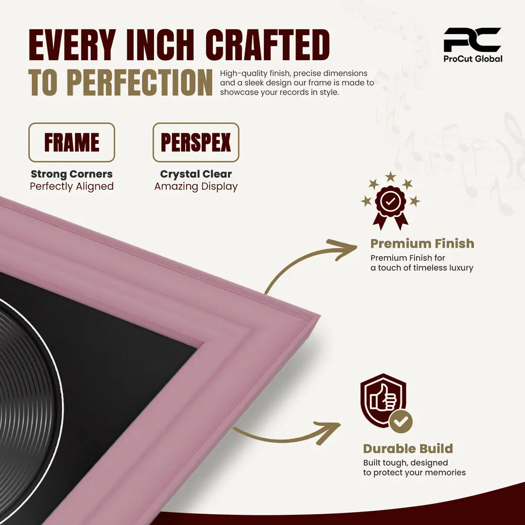 16x16" Classic Pastel Pink Vinyl Record Frame With Black Mount For 12" LP Discs | Contemporary Wall Display thumbnail 7