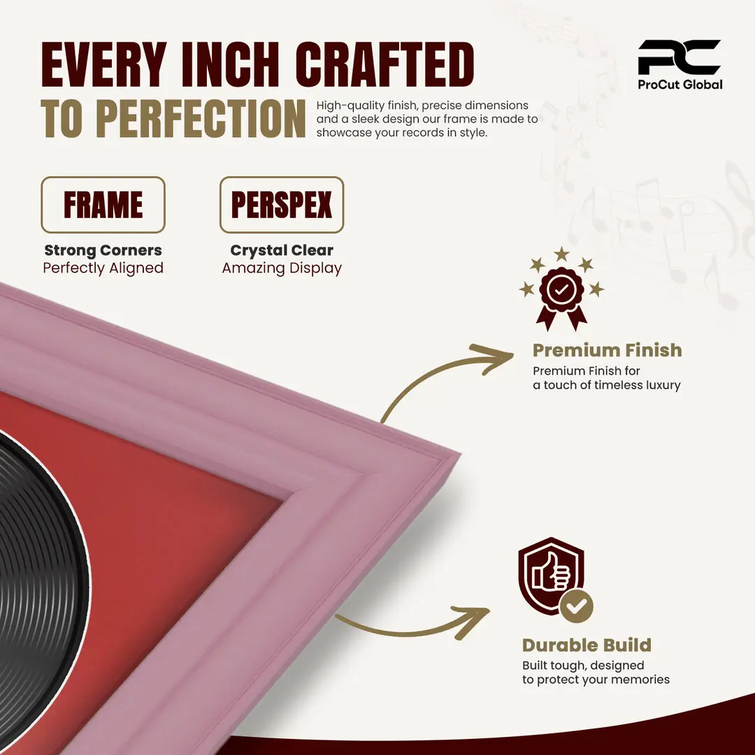 16x16" Classic Pastel Pink Vinyl Record Frame With Crimson Mount For 12" LP Discs | Contemporary Wall Display thumbnail 7