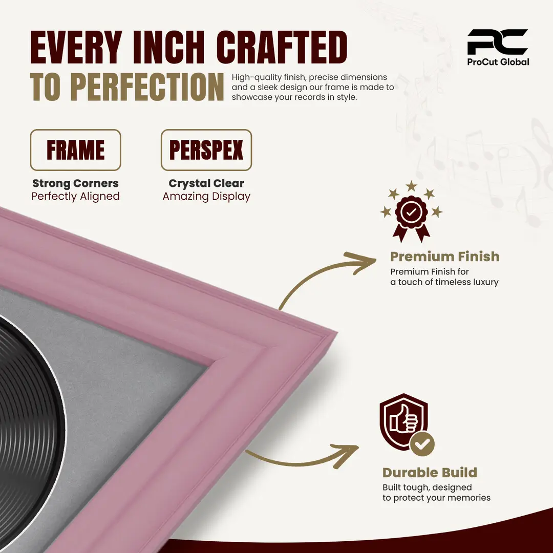 16x16" Classic Pastel Pink Vinyl Record Frame With Mid Grey Mount For 12" LP Discs | Contemporary Wall Display thumbnail 7