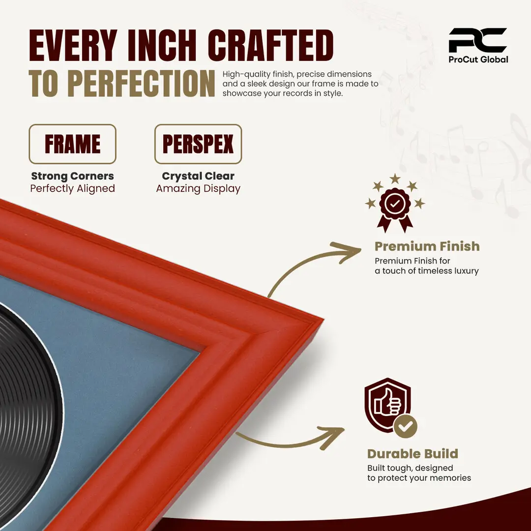 16x16" Classic Red Vinyl Record Frame With Pompador Mount For 12" LP Discs | Premium Wall Frame For Music Enthusiasts thumbnail 7