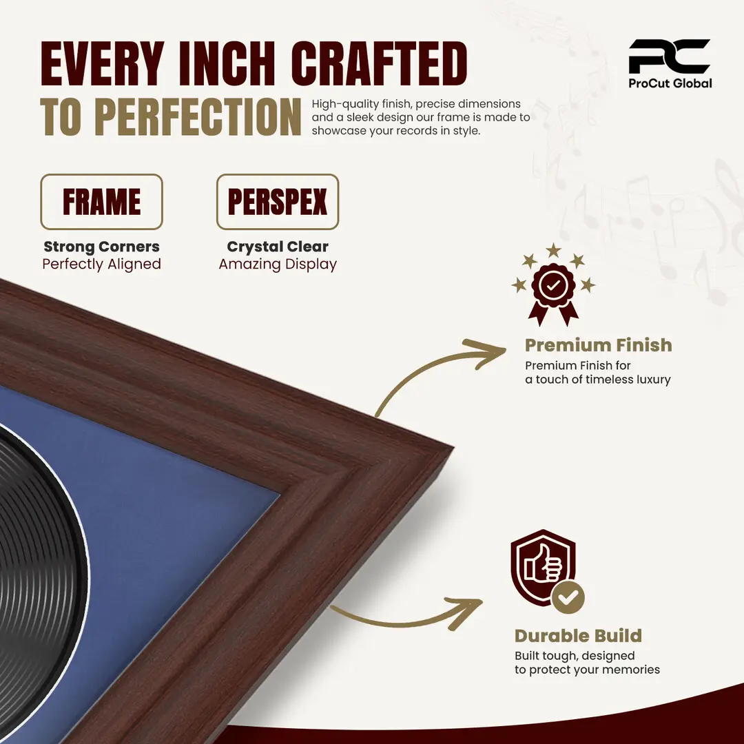 16x16" Classic Rose Wood Vinyl Record Frame With Blue Mount For 12" LP Discs | Contemporary Wall Display thumbnail 7