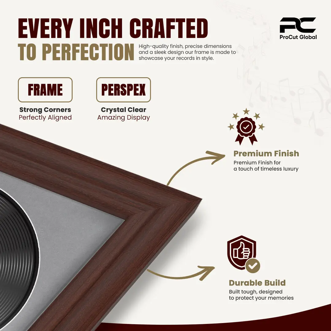 16x16" Classic Rose Wood Vinyl Record Frame With Mid Grey Mount For 12" LP Discs | Elegant Frame For Music Lovers thumbnail 7