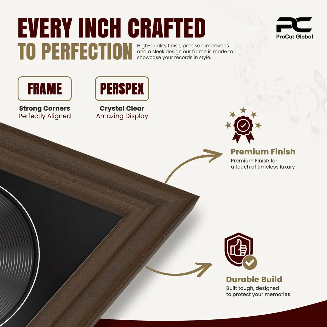 16x16" Classic Walnut Vinyl Record Frame With Black Mount For 12" LP Discs | Premium Wall Frame For Music Enthusiasts thumbnail 7