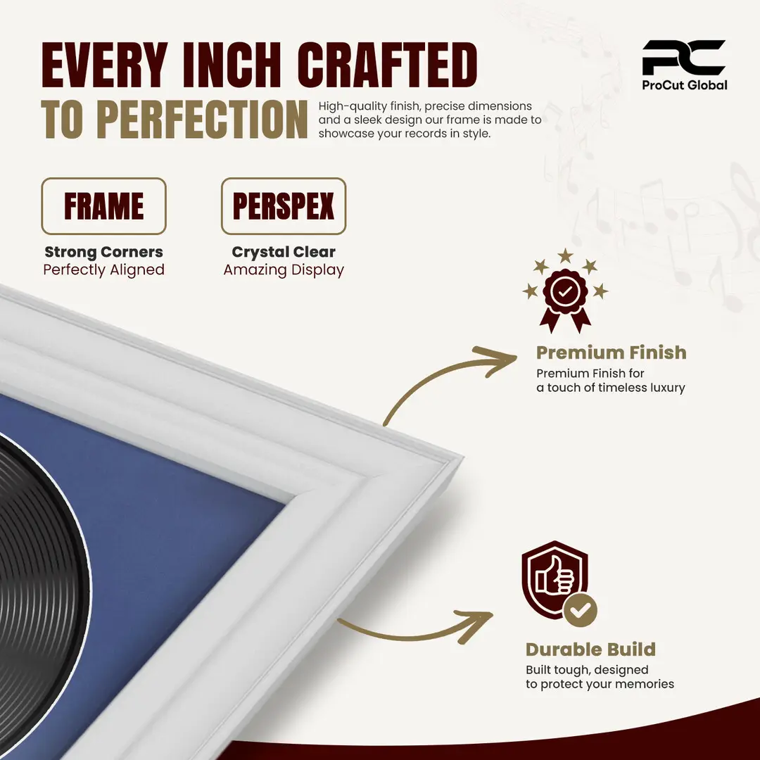 16x16" Classic White Vinyl Record Frame With Blue Mount For 12" LP Discs | Premium Wall Frame For Music Enthusiasts thumbnail 7