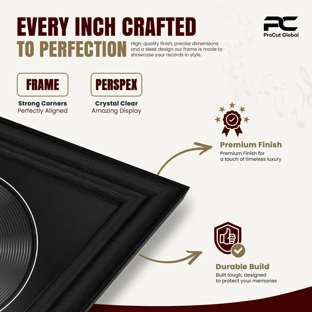 25x17" Classic Black Vinyl Record Frame For 12 Inch LP Cover & Disc With Black Mount | Overlapped Vinyl Display thumbnail 7