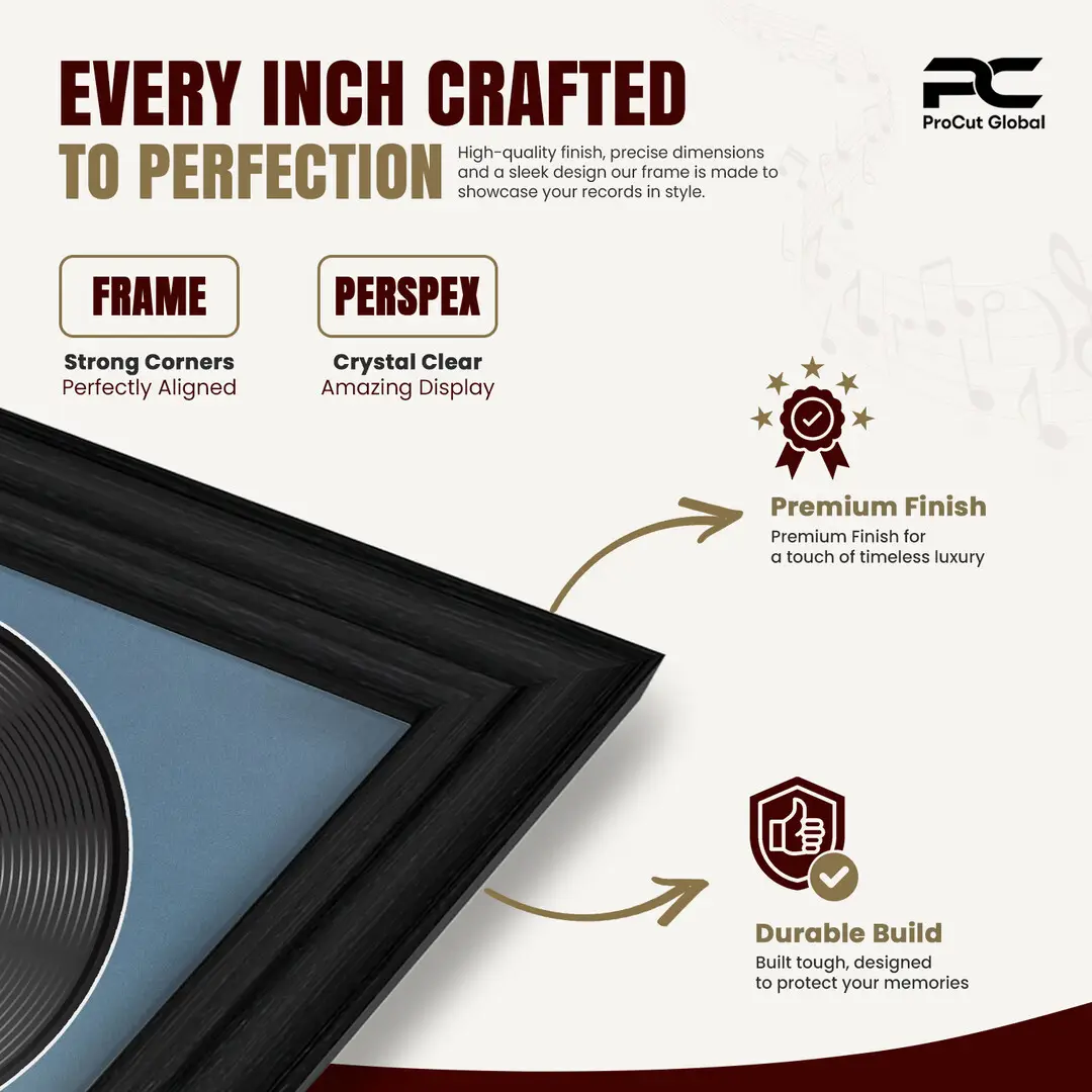 25x17" Classic Black Vinyl Record Frame For LP Cover & Disc With Pompador Mount | Overlapped Display thumbnail 7