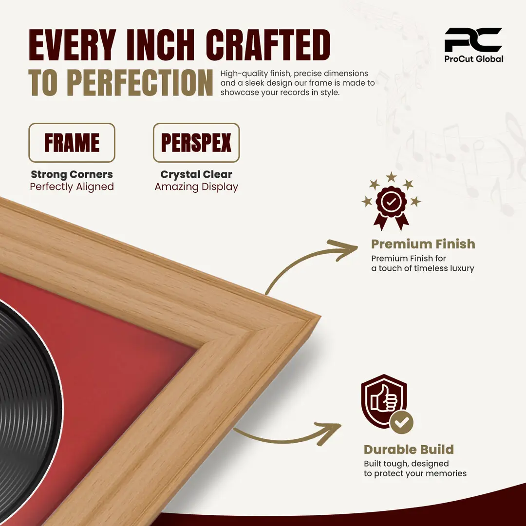 25x17" Classic Country Pine Vinyl Record Frame For 12 Inch LP Cover & Disc (Overlapped) With Crimson Mount | Elegant Music Display thumbnail 7