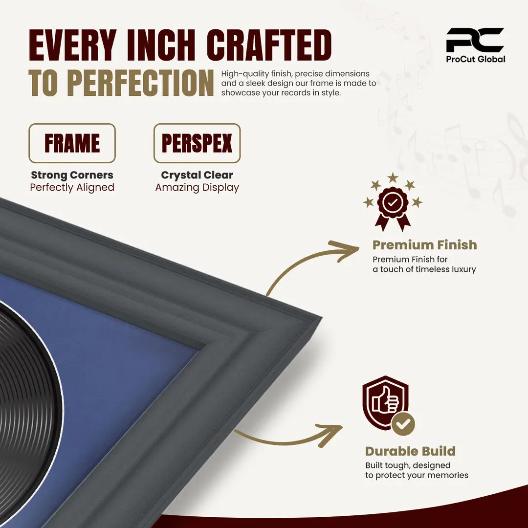 25x17" Classic Dark Grey Vinyl Record Frame For 12 Inch LP Cover & Disc With Blue Mount | Overlapped Vinyl Display thumbnail 7