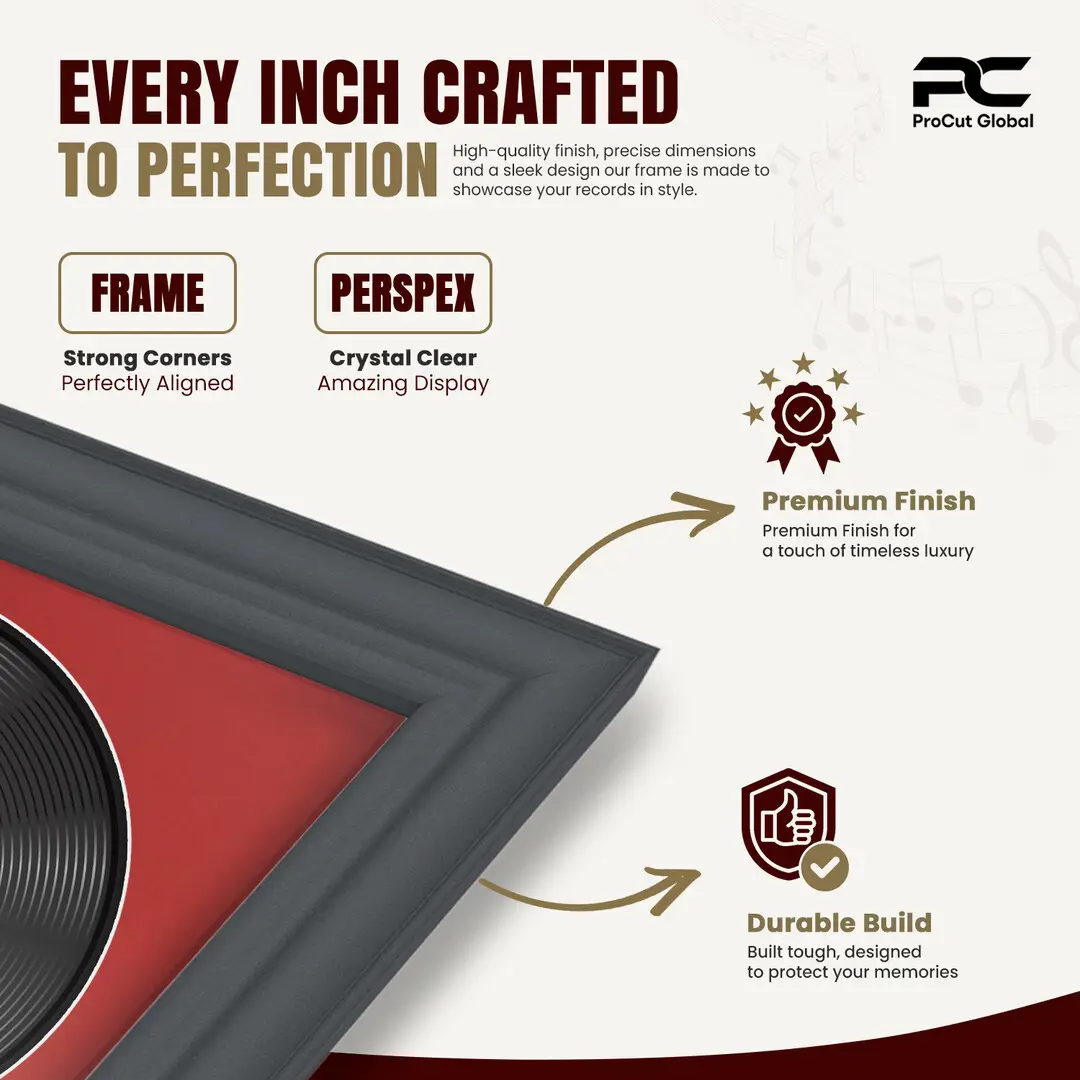 25x17" Classic Dark Grey Vinyl Record Frame For 12 Inch LP Cover & Disc With Crimson Mount | Overlapped Vinyl Display thumbnail 7