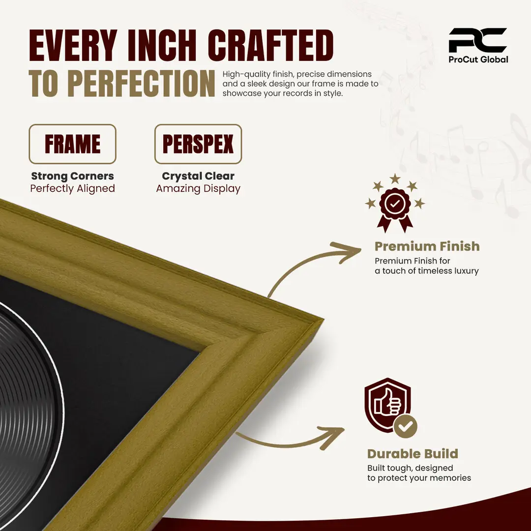 25x17" Classic Gold Vinyl Record Frame For 12 Inch LP Cover & Disc (Overlapped) With Black Mount | Elegant Music Display thumbnail 7