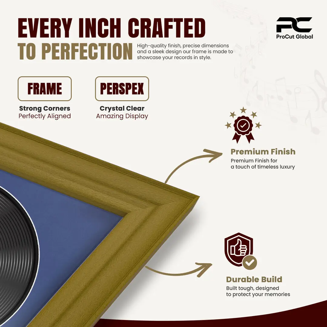 25x17" Classic Gold Vinyl Record Frame For 12 Inch LP Cover & Disc (Overlapped) With Blue Mount | Elegant Music Display thumbnail 7