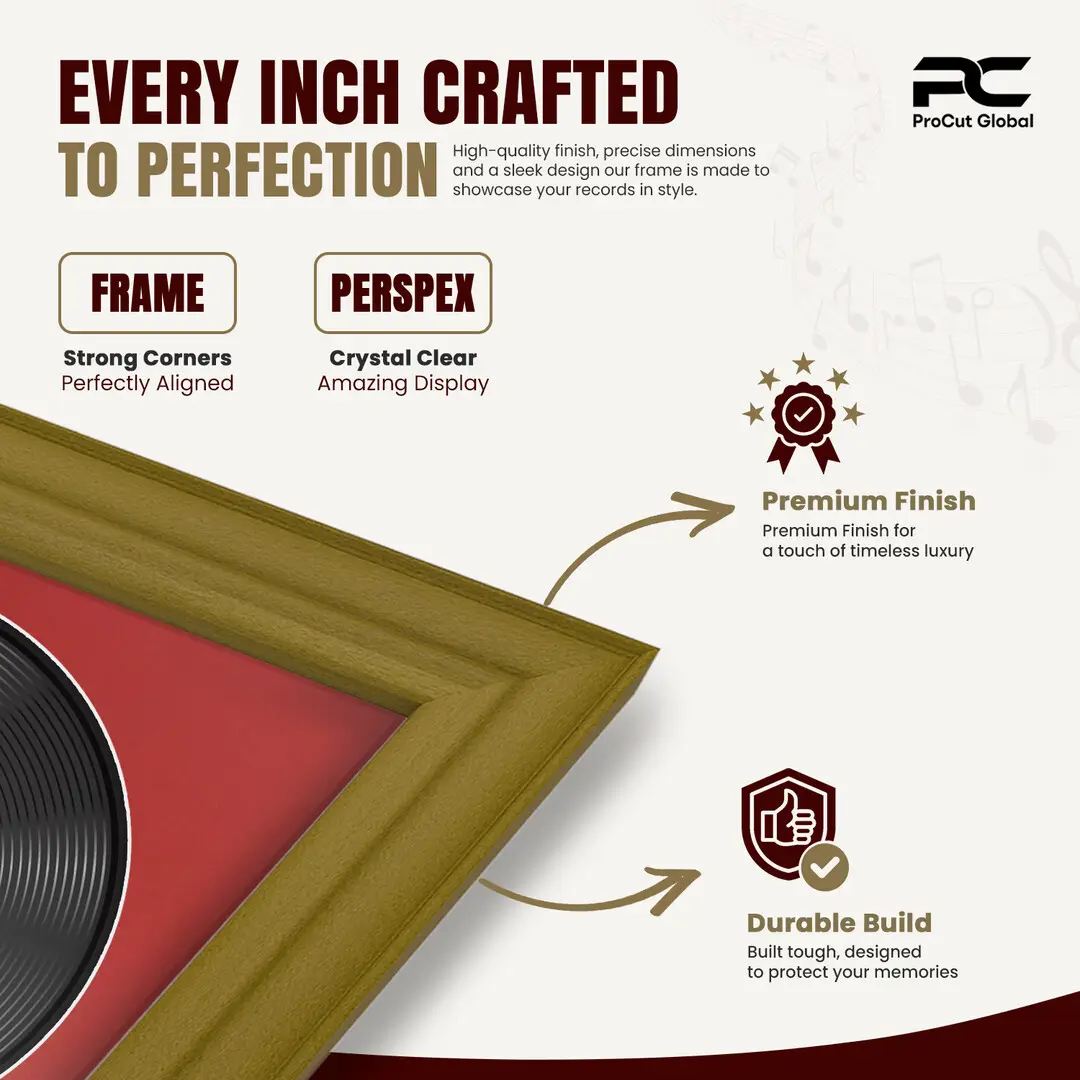 25x17" Classic Gold Vinyl Record Frame For 12 Inch LP Cover & Disc (Overlapped) With Crimson Mount | Elegant Music Display thumbnail 7