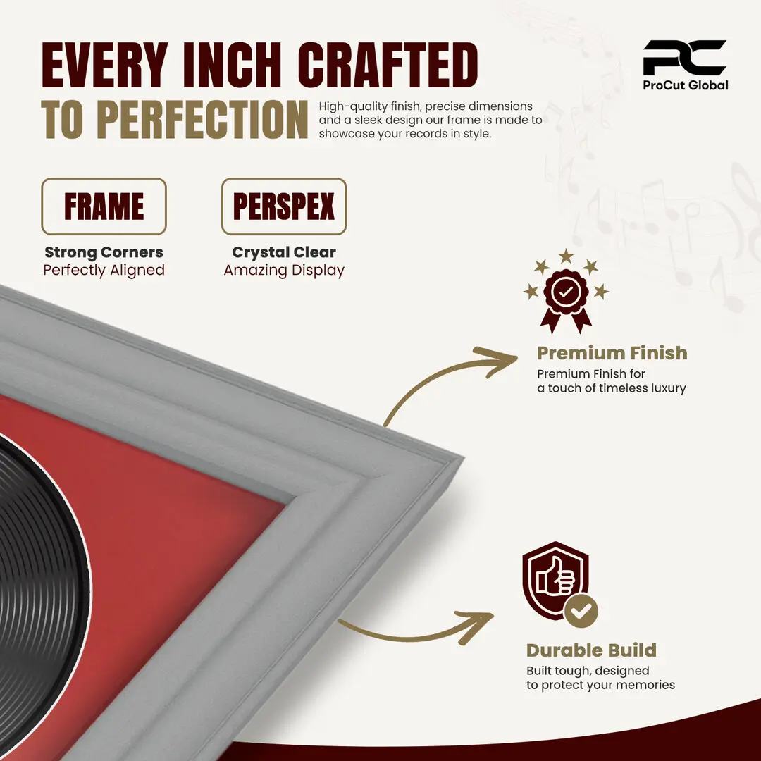 25x17" Classic Light Grey Vinyl Record Frame For 12 Inch LP Cover & Disc (Overlapped) With Crimson Mount | Elegant Music Display thumbnail 7
