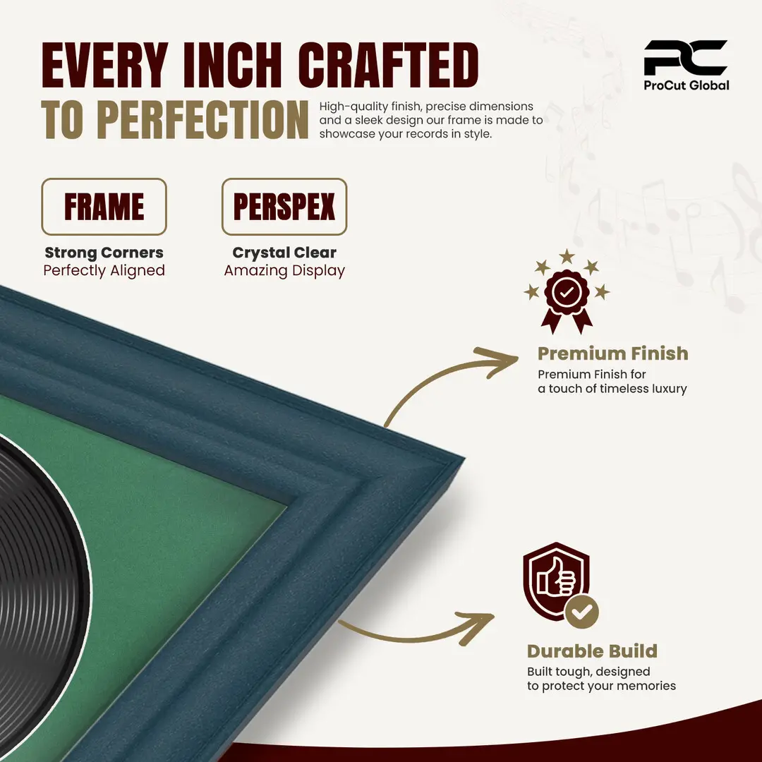 25x17" Classic Navy Blue Vinyl Record Frame For 12 Inch LP Cover & Disc (Overlapped) With Emerald (Green) Mount | Elegant Music Display thumbnail 7