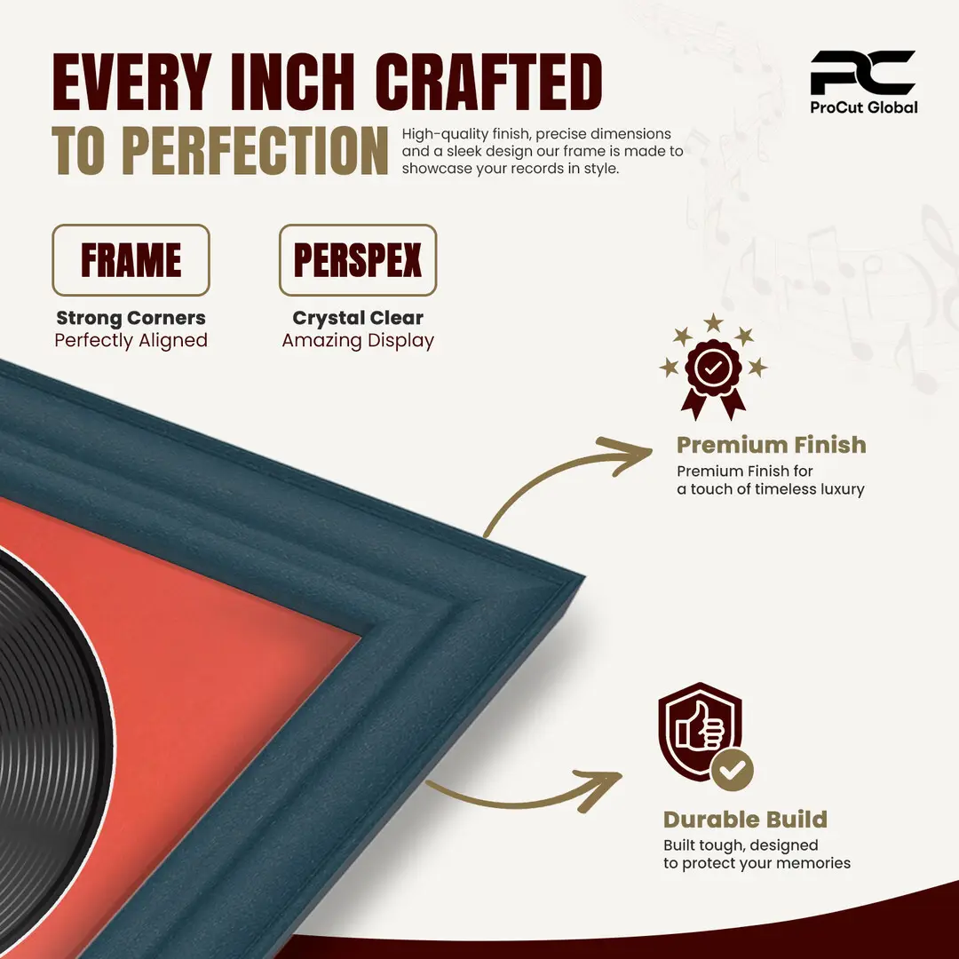 25x17" Classic Navy Blue Vinyl Record Frame For LP Cover & Disc With Poppy Red Mount | Overlapped Display thumbnail 7