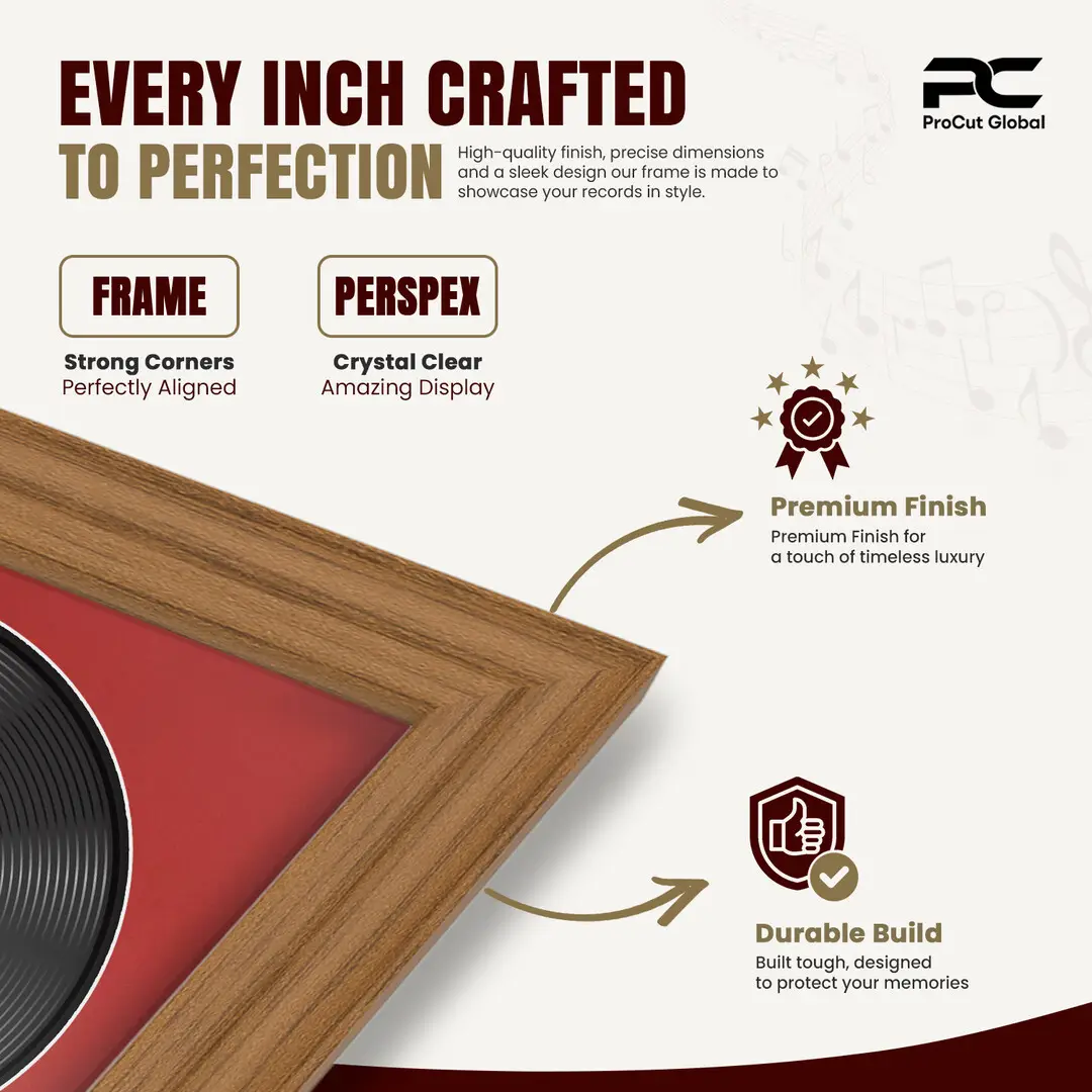 25x17" Classic Oak Vinyl Record Frame For 12 Inch LP Cover & Disc With Crimson Mount | Overlapped Vinyl Display thumbnail 7