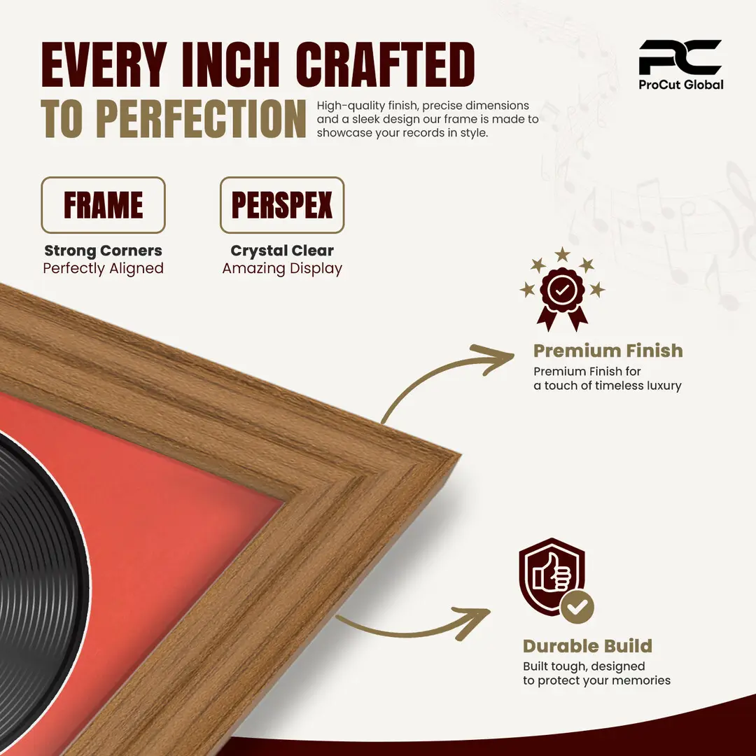 25x17" Classic Oak Vinyl Record Frame For 12 Inch LP Cover & Disc With Poppy Red Mount | Overlapped Vinyl Display thumbnail 7