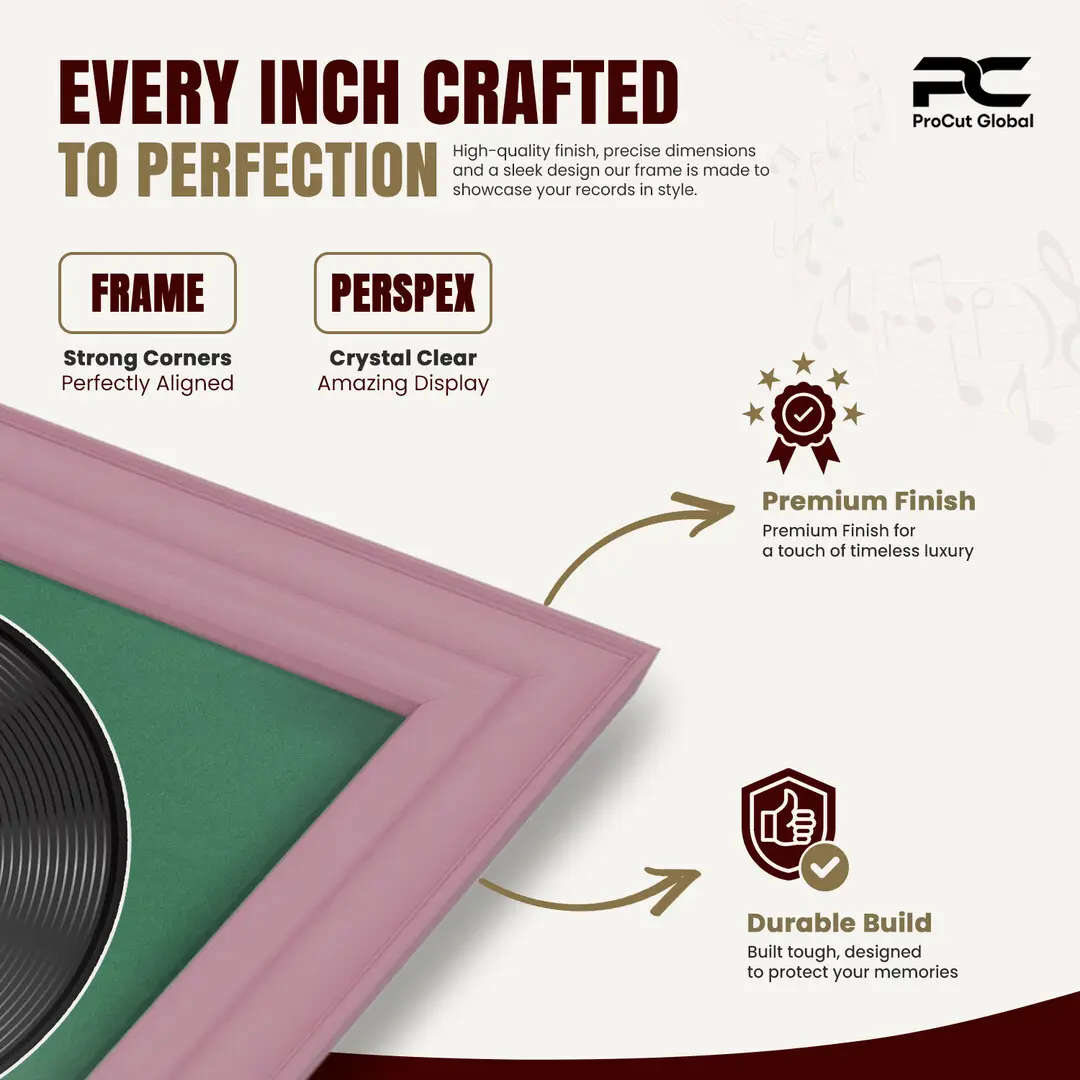 25x17" Classic Pastel Pink Vinyl Record Frame For 12 Inch LP Cover & Disc (Overlapped) With Emerald (Green) Mount | Elegant Music Display thumbnail 7