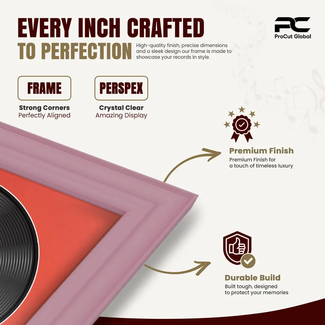 25x17" Classic Pastel Pink Vinyl Record Frame For 12 Inch LP Cover & Disc (Overlapped) With Poppy Red Mount | Elegant Music Display thumbnail 7
