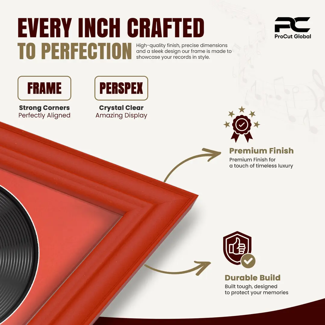 25x17" Classic Red Vinyl Record Frame For LP Cover & Disc With Poppy Red Mount | Overlapped Display thumbnail 7