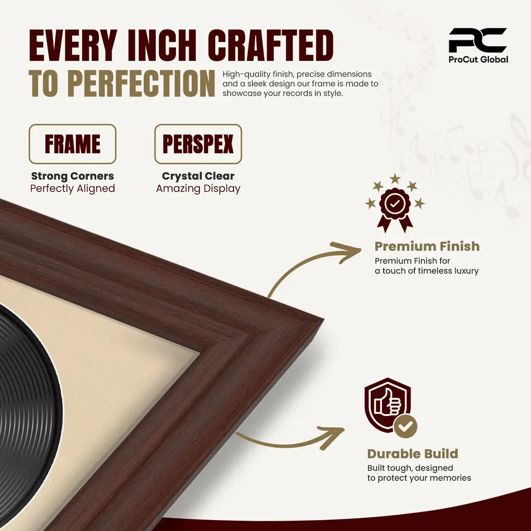 25x17" Classic Rose Wood Vinyl Record Frame For 12 Inch LP Cover & Disc (Overlapped) With Ivory Mount | Elegant Music Display thumbnail 7