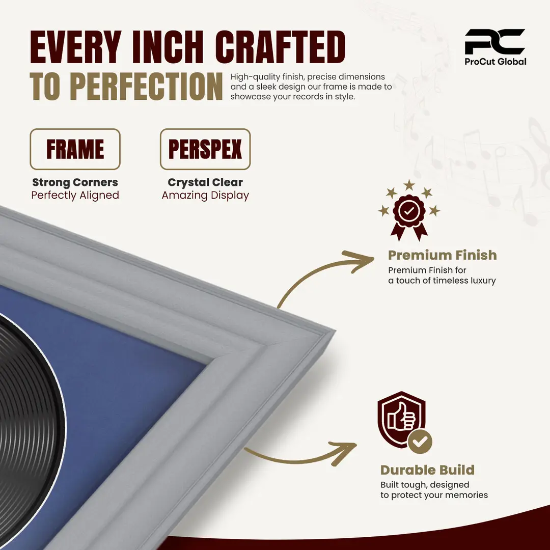 25x17" Classic Silver Vinyl Record Frame For 12 Inch LP Cover & Disc With Blue Mount | Overlapped Vinyl Display thumbnail 7