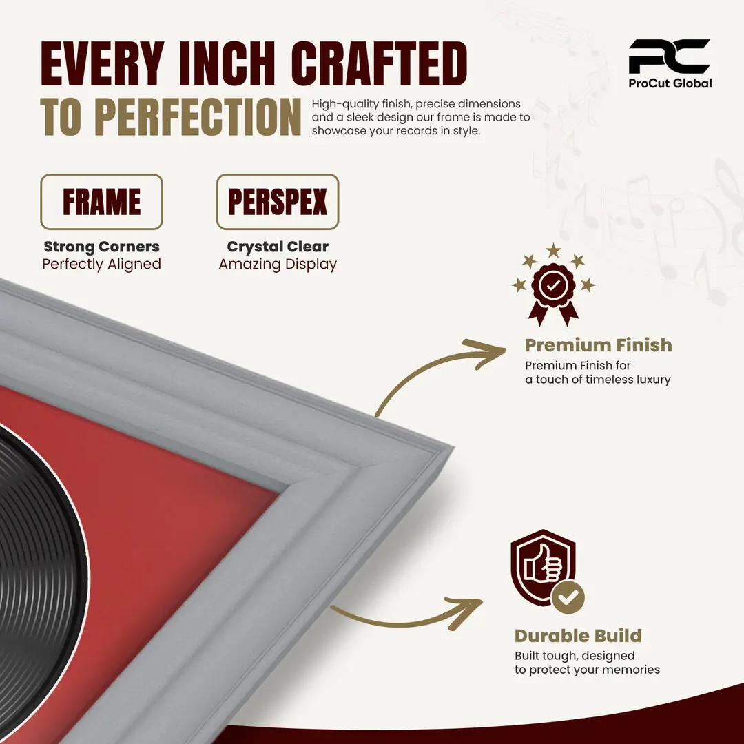 25x17" Classic Silver Vinyl Record Frame For 12 Inch LP Cover & Disc (Overlapped) With Crimson Mount | Elegant Music Display thumbnail 7