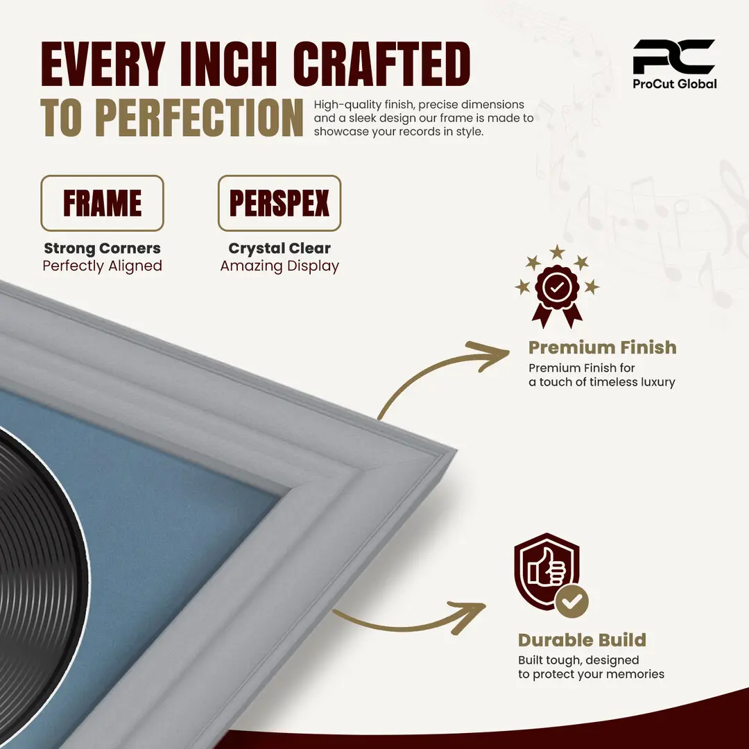 25x17" Classic Silver Vinyl Record Frame For 12 Inch LP Cover & Disc (Overlapped) With Pompador Mount | Elegant Music Display thumbnail 7