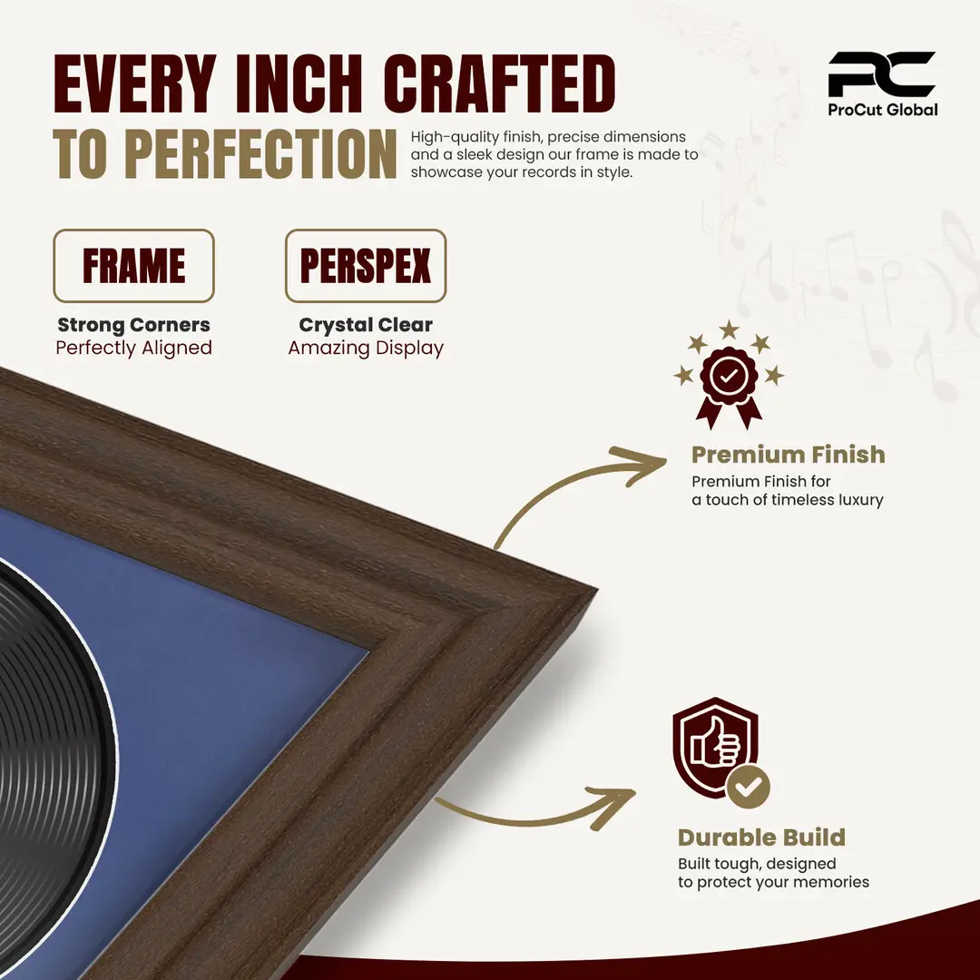 25x17" Classic Walnut Vinyl Record Frame For 12 Inch LP Cover & Disc (Overlapped) With Blue Mount | Elegant Music Display thumbnail 7