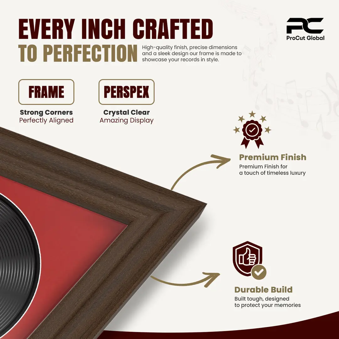 25x17" Classic Walnut Vinyl Record Frame For 12 Inch LP Cover & Disc (Overlapped) With Crimson Mount | Elegant Music Display thumbnail 7