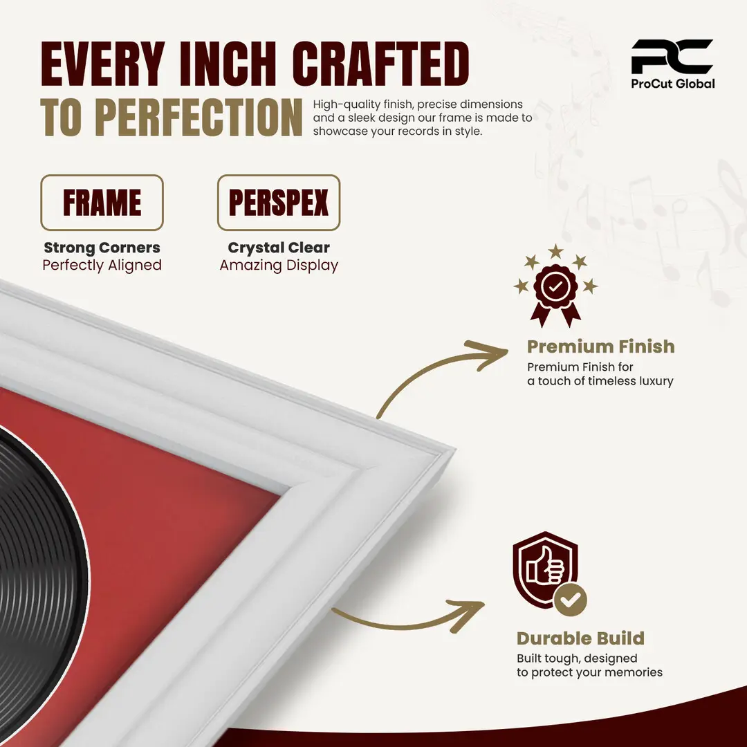 25x17" Classic White Vinyl Record Frame For 12 Inch LP Cover & Disc With Crimson Mount | Overlapped Vinyl Display thumbnail 7