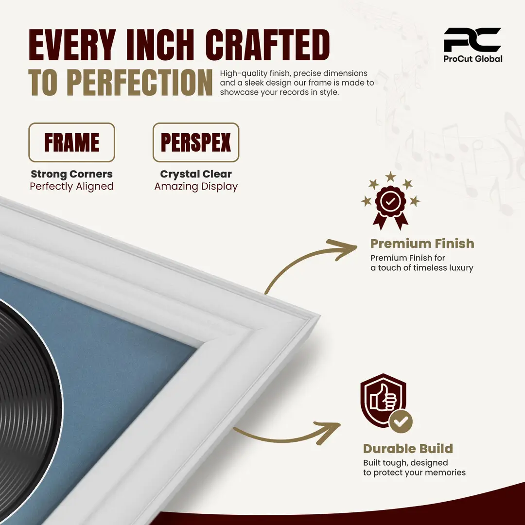 25x17" Classic White Vinyl Record Frame For 12 Inch LP Cover & Disc (Overlapped) With Pompador Mount | Elegant Music Display thumbnail 7