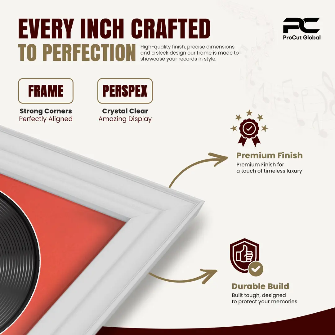 25x17" Classic White Vinyl Record Frame For 12 Inch LP Cover & Disc With Poppy Red Mount | Overlapped Vinyl Display thumbnail 7
